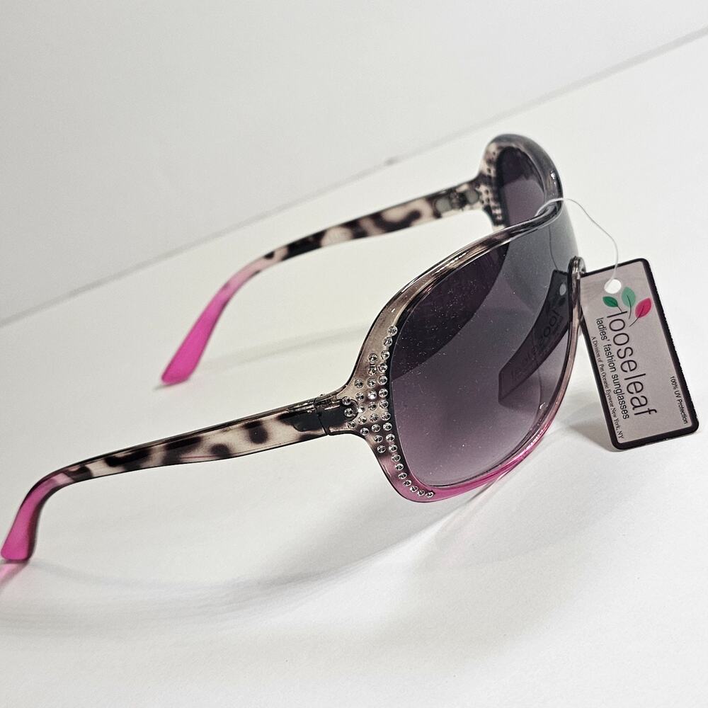 Looseleaf Fashion Sunglasses Pink & Tortoise Animal Rhinestone Bling 100% UV
